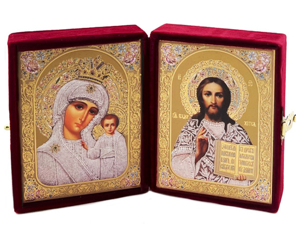 Diptych: Virgin of Kazan and Christ the Teacher, floral design icons in a red velvet case