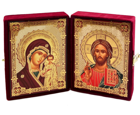 Diptych: Virgin of Kazan and Christ the Teacher, medium burgundy tone icons in a red velvet case