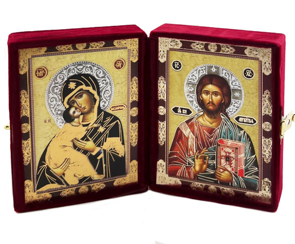Diptych: Virgin of Kazan and Christ the Teacher, burgundy tone icons in a red velvet case
