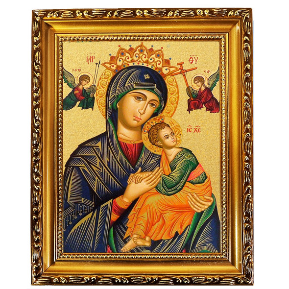 Perpetual Help (gold foil) in wooden frame, large standing icon