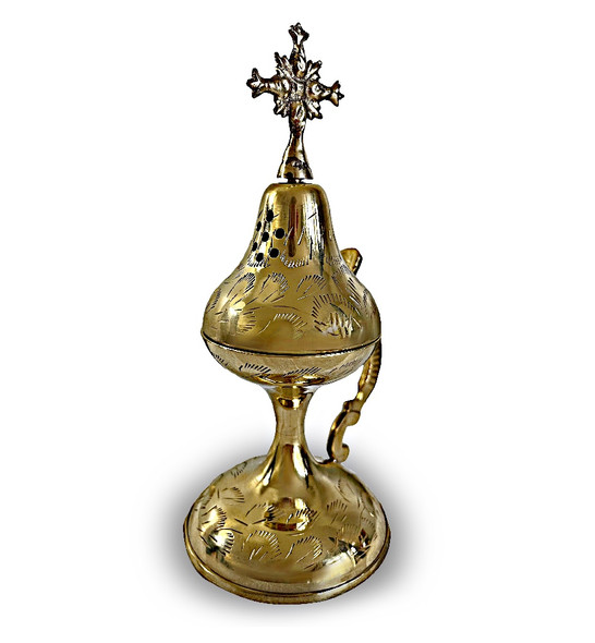 Censer, 6" tall, brass with ornate floral design