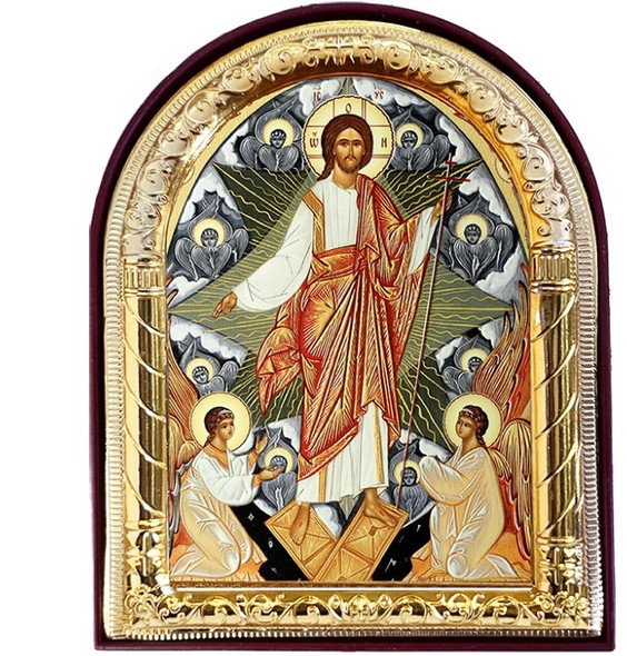 Resurrection with Angels (gold foil) in wooden frame, small icon