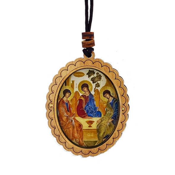 Wood icon pendant, Holy Trinity, roped