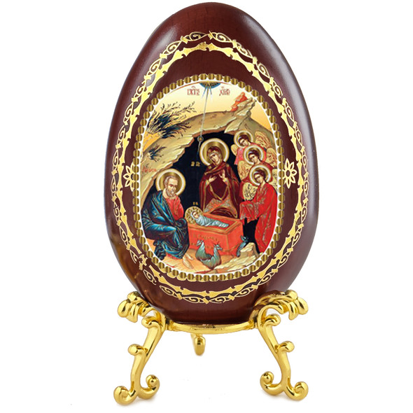 Wood Egg on stand with Nativity of Christ with angels icon