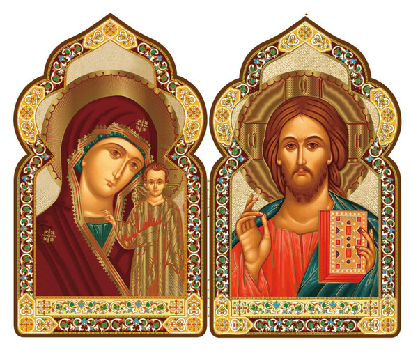 Diptych: Domed Virgin of Kazan and Christ the Teacher, gold foil