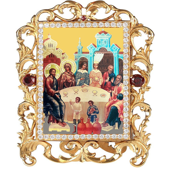 Wedding at Cana small standing icon in a gold-tone "vine" frame with faux red gems.