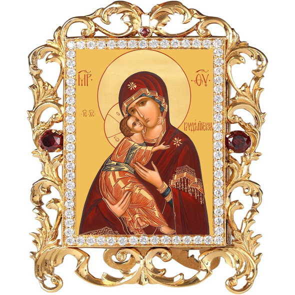 Virgin of Vladimir small standing icon in a gold-tone "vine" frame with faux red gems.