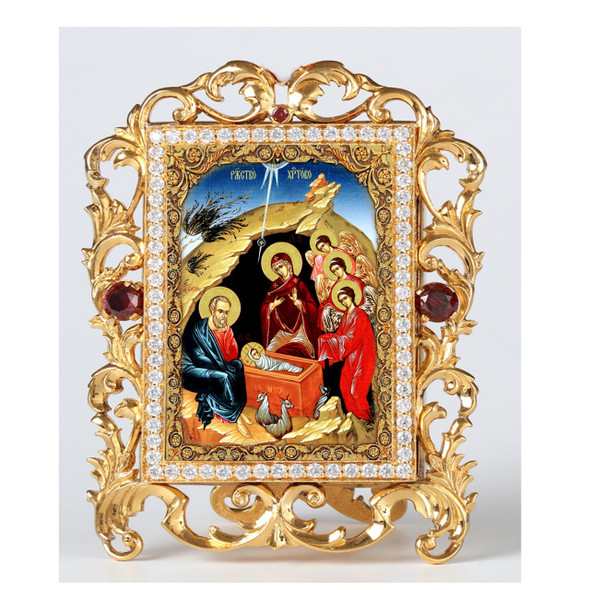 Nativity small standing icon in a gold-tone "vine" frame with faux red gems.