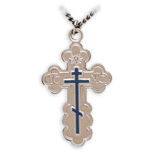St. Olga Cross, sterling silver with blue enamel, large, chain included