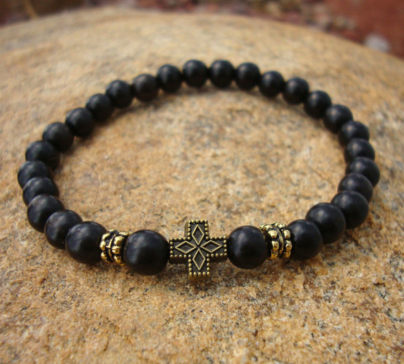Prayer Bracelet, with black ebony beads (wood) and antiqued metal cross. Handcrafted.