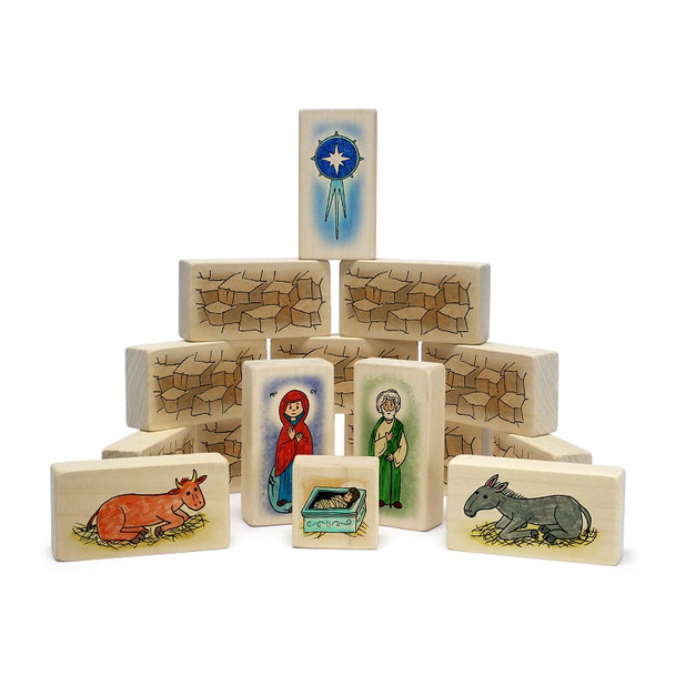 Little Saints Nativity Playset B. includes a fabric storage bag and 15 blocks.