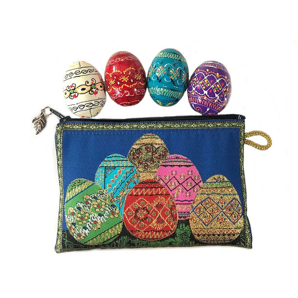 Tapestry pouch with four wooden Pysanky eggs