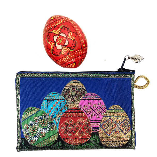 Tapestry pouch with one wooden Pysanky egg Tapestry pouch with one wooden Pysanky egg
