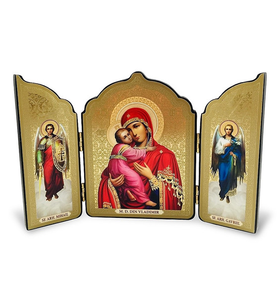 Triptych: Virgin of Vladimir with Archangels Michael and Gabriel, medium icons. Made in Ukraine.