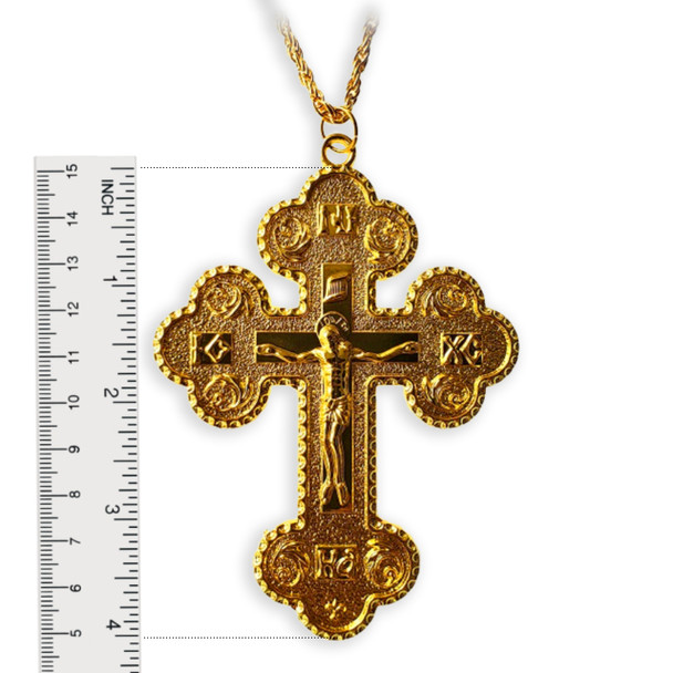 Goldtone pectoral cross 4 inches tall, chain 46 inches included