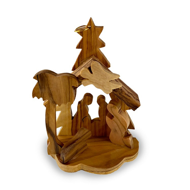 Ornament, olive wood, Nativity scene with angel. Free-standing or hanging.