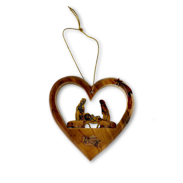 Ornament, Olive wood heart with nativity scene