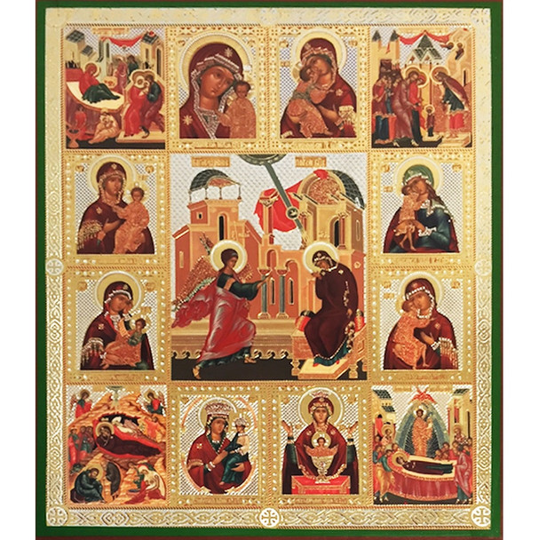 Annunciation with surrounding scenes (gold and silver foil), medium-large icon