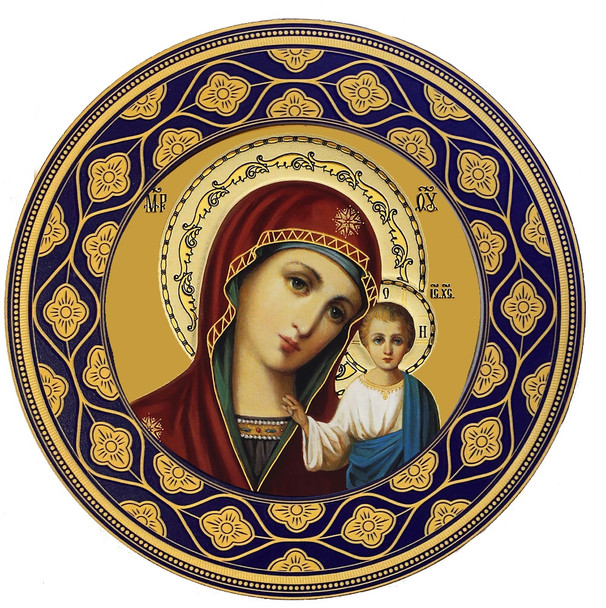 Virgin of Kazan (gold foil) in round wooden frame, standing icon