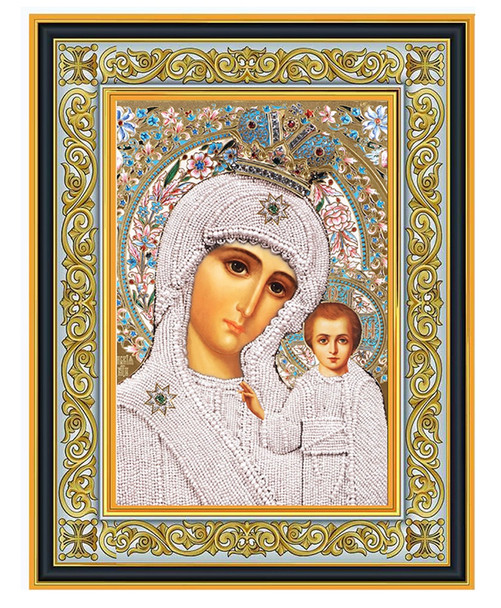 Virgin of Kazan (gold foil) in wooden frame, large standing icon