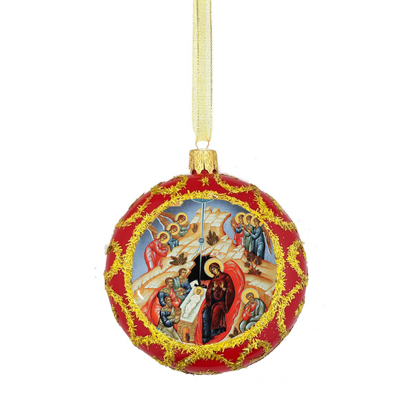 Ornament, Nativity in Manger on red with gold accents, Ukrainian (3.5 inch)