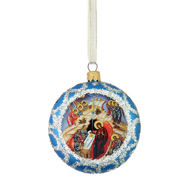 Ornament, Nativity scene with angels on blue with silver accents, Ukrainian