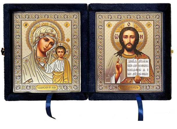 Diptych: Virgin of Kazan and Christ the Teacher in blue velvet case, large icons