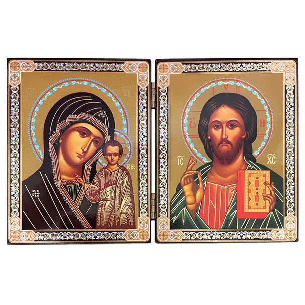 Diptych: Virgin of Kazan and Christ the Teacher, gold foil, small icons