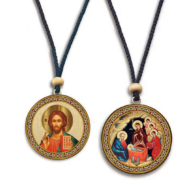 Pendant, Christ Blessing and Nativity, double-sided on wood