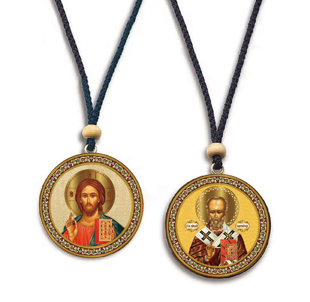 Pendant, Christ Blessing and St Nicholas, double-sided on wood