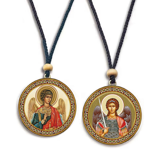 Pendant, St Archangel Michael and Guardian Angel, double-sided on wood