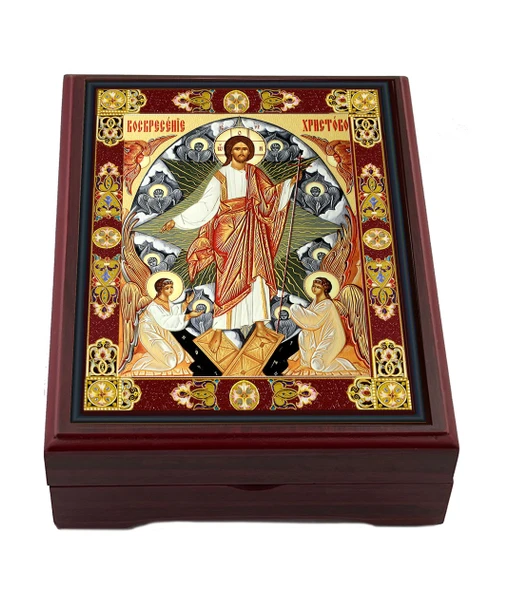 Wooden Icon Box, Resurrection with seraphim angels, deluxe large