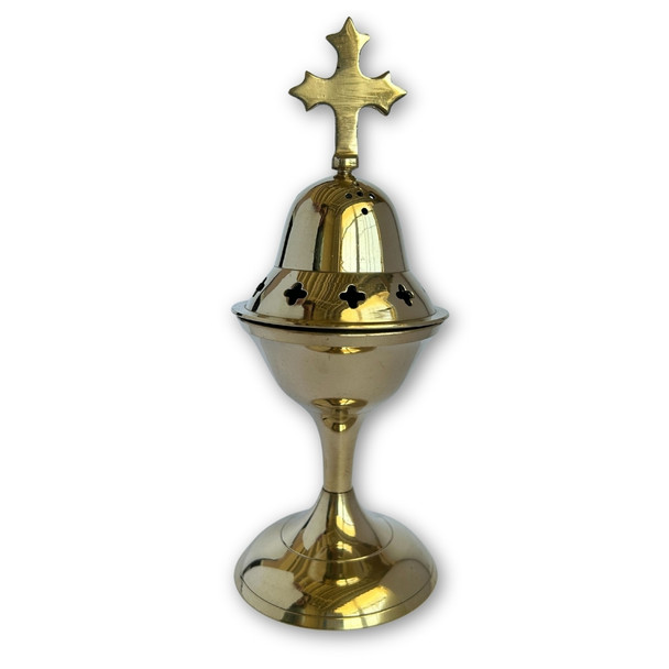 Censer, 7" tall, plain brass-tone finish with cross vents