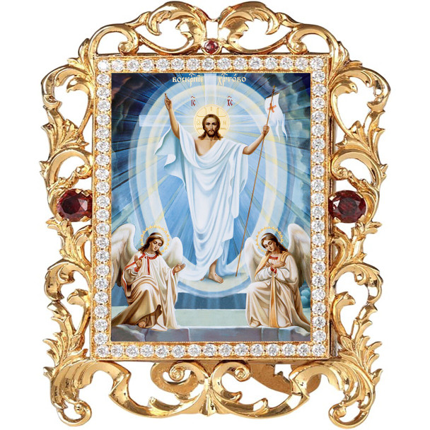 Resurrection with angels small standing icon in a gold-tone "vine" frame with faux red gems.