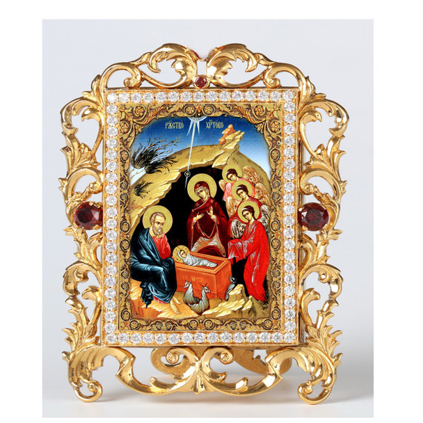 Nativity small standing icon in a gold-tone "vine" frame with faux red gems.