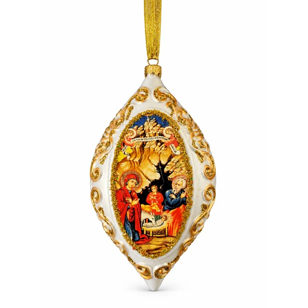 Ornament, Nativity Teardrop, white and gold