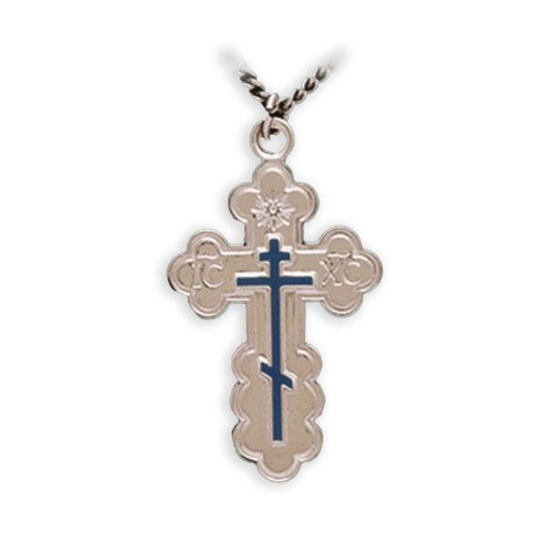 14KT Gold St. Olga Style Cross with Blue Enamel - Large 