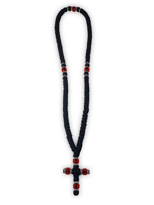 100 Knots Prayer Rope Komboskini - Black Wool Rope with Red Beads