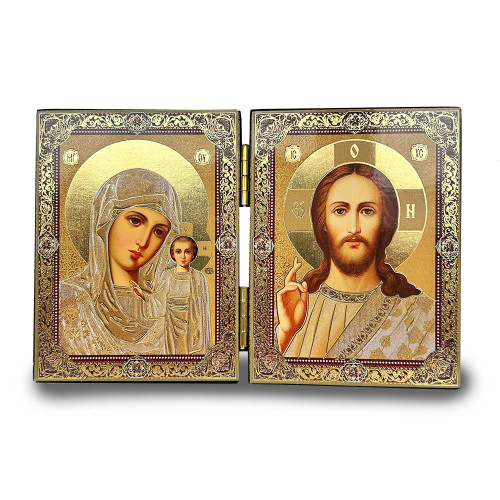 Diptych: Virgin of Kazan and Christ Blessing, gold foil, small