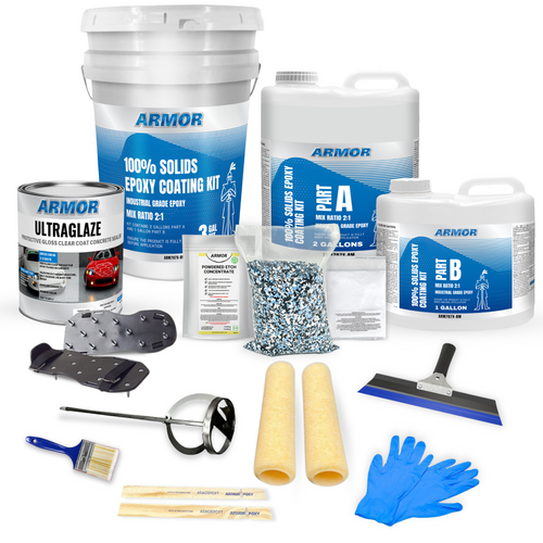 ArmorClad Epoxy Floor Kit with all components displayed for a complete floor coating solution hero ArmorClad Epoxy Floor Kit with all components displayed for a complete floor coating solution hero