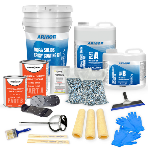 ArmorPoxy Full Broadcast Floor Kit, showcasing all components for a complete floor coating system ArmorPoxy Full Broadcast Floor Kit, showcasing all components for a complete floor coating system