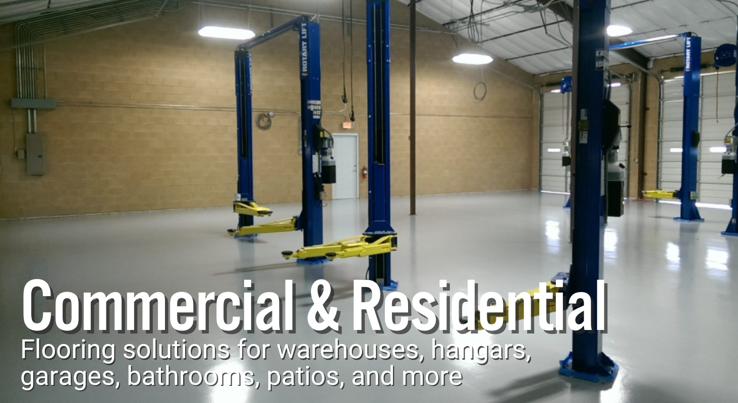 Commercial and residential flooring solutuons for warehouses, hangars, garages, bathrooms, and more