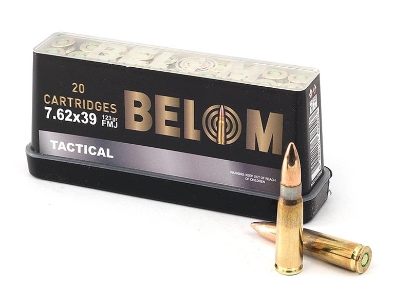 Belom Tactical Ammo 7.62x39 123gr FMJ 2350 FMJ Brass Cased 20/box