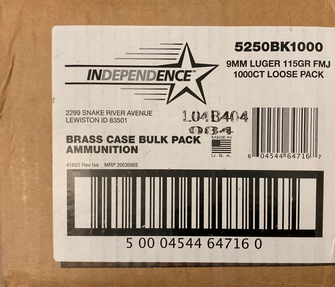 CCI Independence Brass 9mm Bulk Handgun ammo 115gr FMJ 1145 FPS