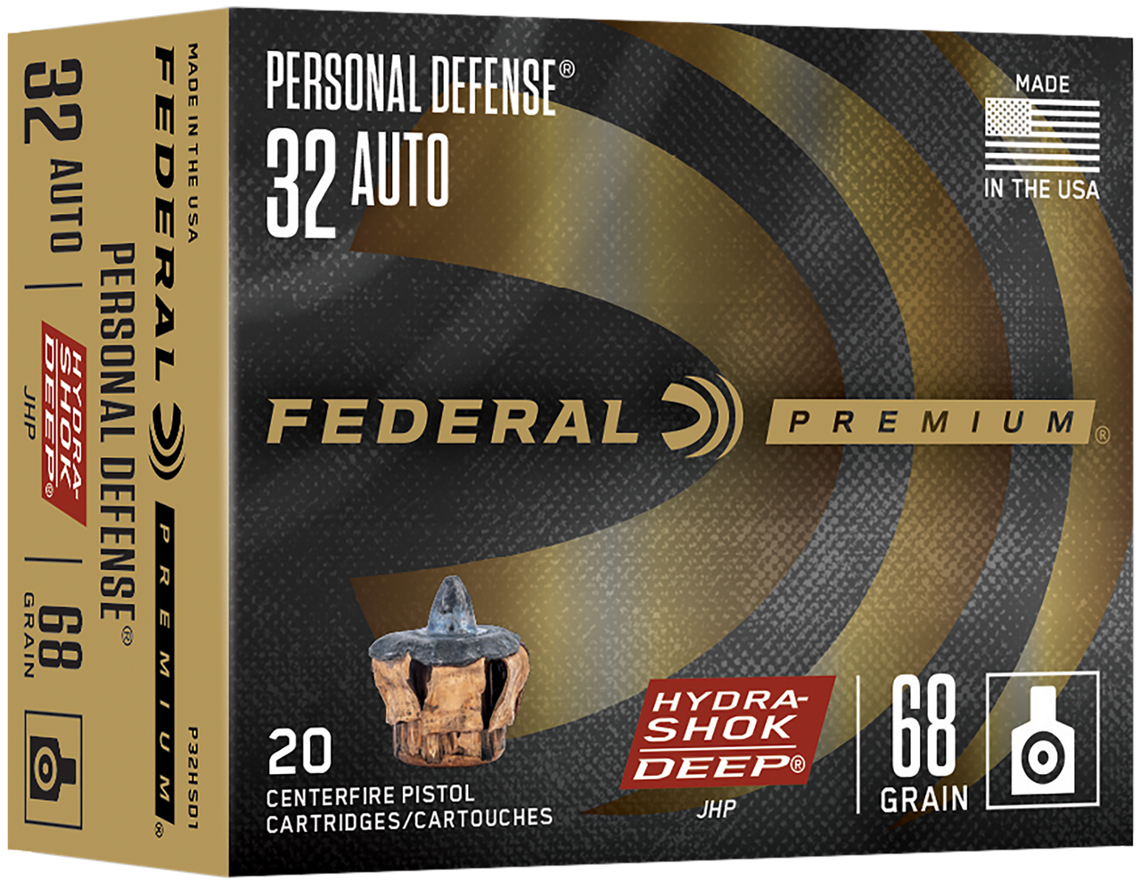 Federal Hydra-Shok Deep Ammo 32 ACP 68gr JHP 1000 FPS 20&frasl;box