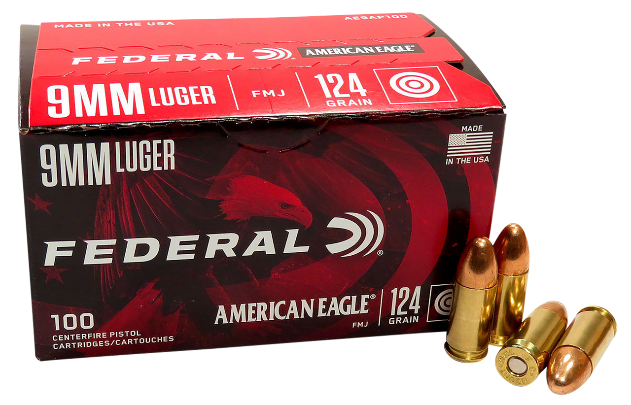Federal American Eagle Ammo 9mm Luger 124gr FMJ 1150 FPS 100/box