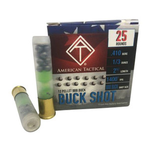 American Tactical Ammo .410 Buckshot 2.5" 12 pellets BBB Buck 1400 FPS 25/box American Tactical Ammo .410 Buckshot 2.5" 12 pellets BBB Buck 1400 FPS 25/box