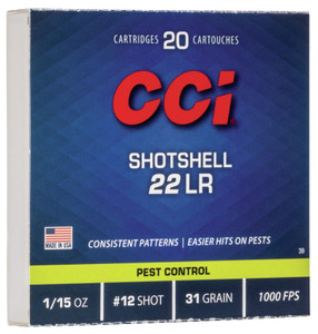 CCI .22 LR Shotshell / Pest Control 31gr #12 Shot 1000 FPS 20/box CCI .22 LR Shotshell / Pest Control 31gr #12 Shot 1000 FPS 20/box
