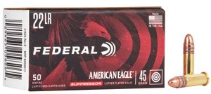 Federal American Eagle Suppressor Ammo .22 LR Subsonic 45 Grain Copper Plated LRN 970 FPS 50/box Federal American Eagle Suppressor Ammo .22 LR Subsonic 45 Grain Copper Plated LRN 970 FPS 50/box