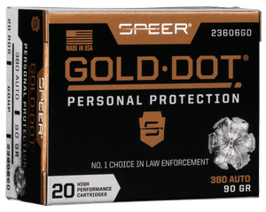 Speer Gold Dot Personal Protection 380 ACP 90gr JHP 1040 FPS 20/box Speer Gold Dot Personal Protection 380 ACP 90gr JHP 1040 FPS 20/box